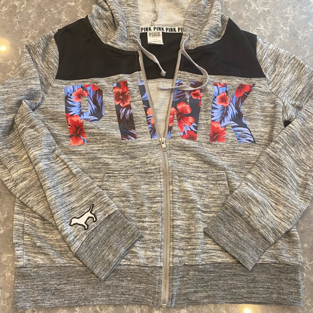Gray & black PINK Hawaiian flower full zip hoodie